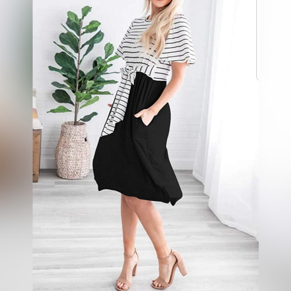 Summer Striped Ruffle Sleeves Tie Waist Pockets - Picture 2 of 4